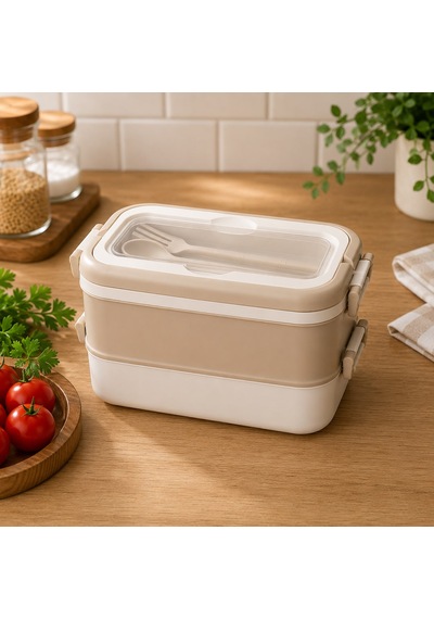 3 Katlı Çatal Kaşıklı Beslenme Ve Yemek Saklama Kabı Krem