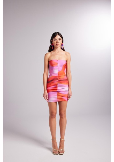 Holly Lolly Drapeli Mini Straplez Dainty Elbise Turuncu
