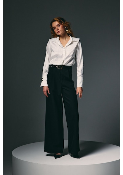 Sateen Kemerli Bol Pantolon - Siyah-136820 siyah