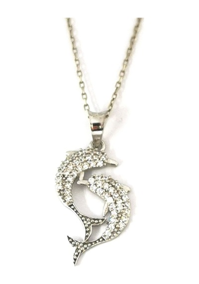 Omar Silver Kadın Çift Yunus Model Zirkon Taşlı Gümüş Kolye (513866973)