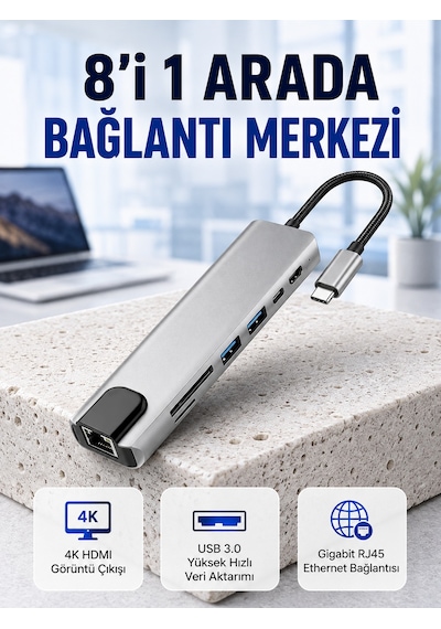 Seyahat Dostu 8 İn 1 Hub Şarj & Veri & Video & Ağ İçin Eksiksiz Çözüm Kopya Diğer