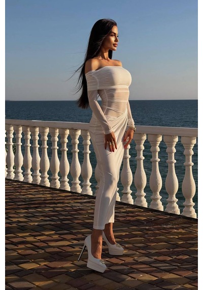 Polina Şeffaf Uzun Kol Elbise - Beyaz