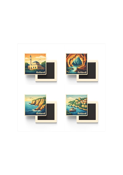 Kırklareli - 4'lü Memleket Seti - Baskılı Buzdolap Magneti Kare - 9x9 Cm - 4 Adet