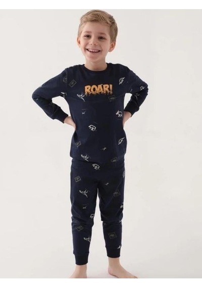 Cantoy Erkek Çocuk Roar Yazılı Dinozor Baskılı Uzun Kollu Pijama Takımı-16036 Lacivert