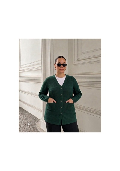Onno Style Women Jakarlı Kendinden Desenli Çelik Örgü Triko Kadın Ceket Yeşil