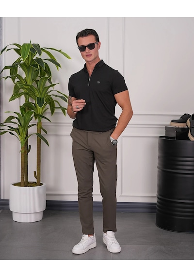 Modefendi Pamuk Likra Slim Fit Kalıp Bebe Yaka Fermuarlı Tshirt Siyah
