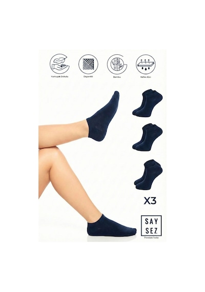 Saysez Bambu Kadın Patik Düz Lacivert Çorap Dikişsiz Premium 3'lü Paket Lacivert