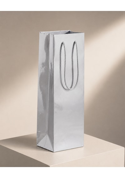 Şişelik İpli Gümüş Karton Poşet, 1 Adet - 12x10x38 Cm, Kalın Yapı