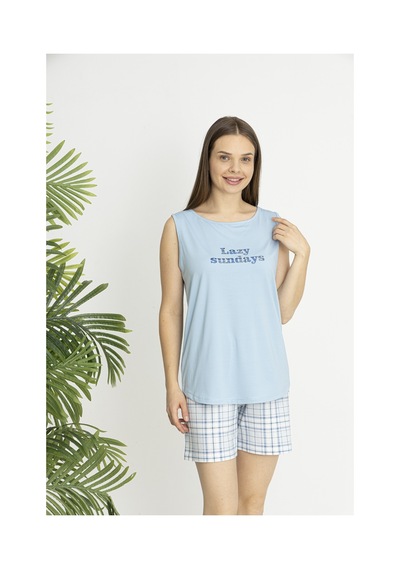 Estiva Kadın Kareli Alt Desenli Mavi Kolsuz Şortlu Penye Lycra Pijama Takımı Çok renkli