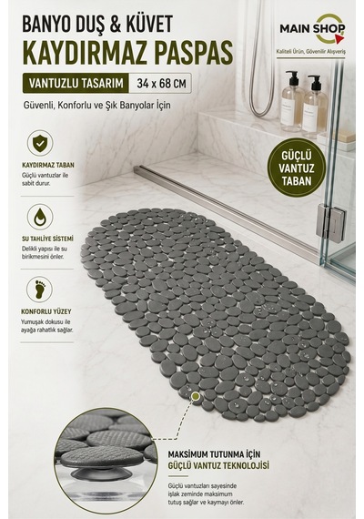 Mainshop Güvenli Ve Kaydırmaz Gri Duş Paspası - 34x68 Cm Vantuzlu Banyo Paspası M-130