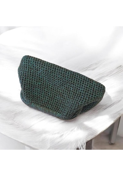 Simli El Örgüsü Kadın Clutch Çanta Astarlı Şık Gece Ve Makyaj Çantası Yesil