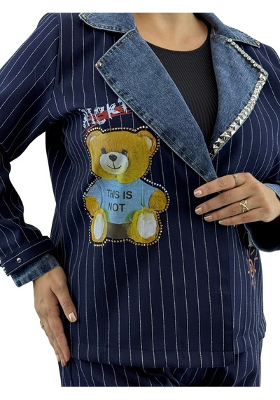 Büyük Beden Taş Boncuk İşlemeli Çizgili Denim Detaylı Beli Lastikli İkili Kadın Ceket Takım Lacivert Büyük Beden Taş Boncuk İşlemeli Çizgili Denim Detaylı Beli Lastikli İkili Kadın Ceket Takım Lacivert