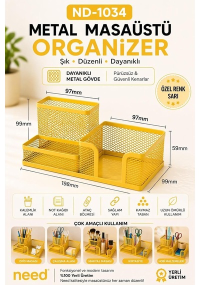 Nd-1034 Metal Mesh Masaüstü Organizer 3 Bölmeli, Çok Amaçlı Düzenleyici Sarı Genel