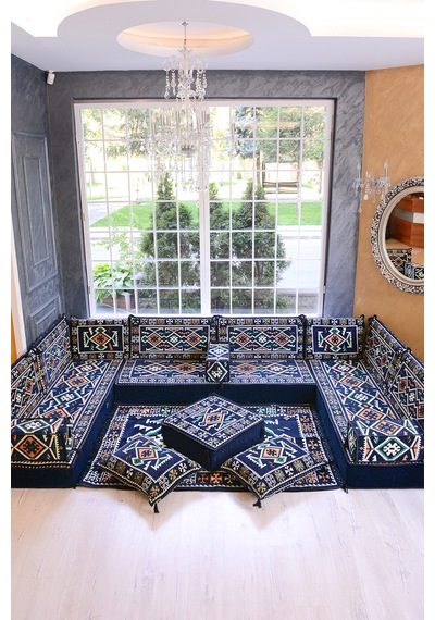 Otantik Şark Köşesi Takımı Lacivert Anadolu 18 Parça 20 Cm Süngerli Kilim Ve Puf Dahil Sedir Seti