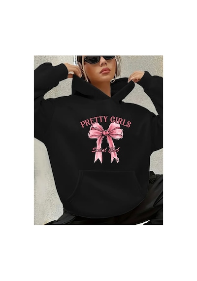 Herkesemoda Pertty Gırls Yazı Detay Baskılı İçi Polarlı Kapüşonlu Sweatshirt Siyah