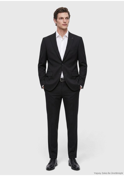 Ramsey Siyah Düz Modern Fit %100 Yün Takım Elbise