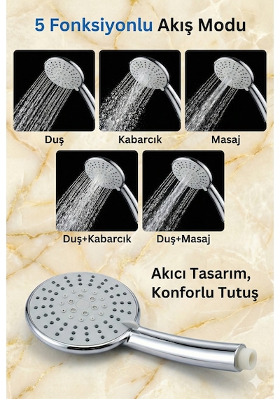 5 Fonksiyonlu Büyük Boy Su Tasaruflu Duş Başlığı Metalik Plastik Diğer