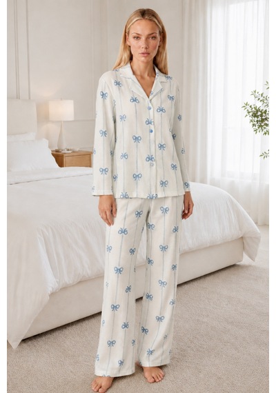 Kadın Desenli Relaxed Beyaz Pijama Takımı 4661