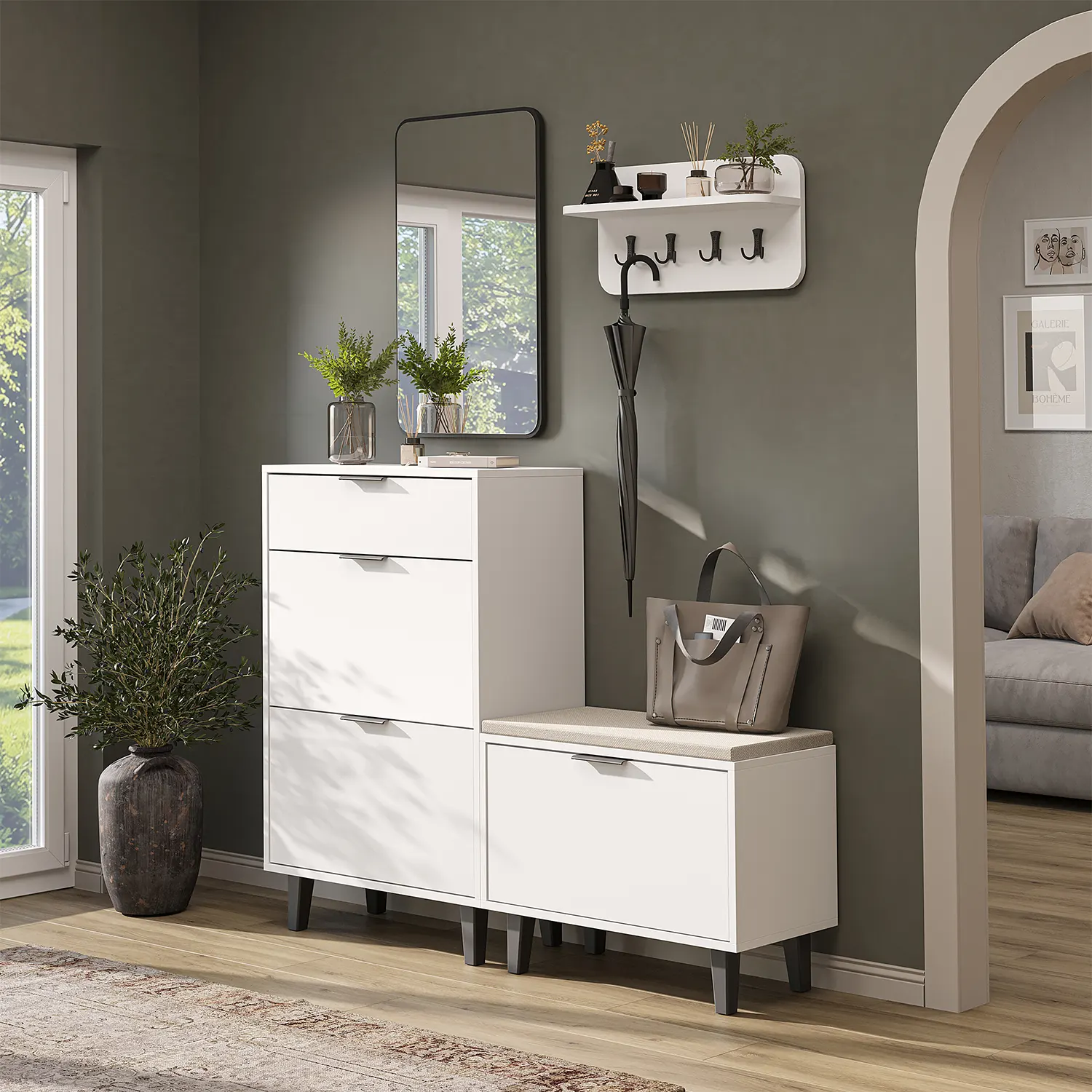 Nord Vestiyer Takımı Kapaklı Askılıklı Ayakkabılık Dolabı, Bench, Modüler, Aynalı Portmanto Takımı Beyaz Nord Vestiyer Takımı Kapaklı Askılıklı Ayakkabılık Dolabı, Bench, Modüler, Aynalı Portmanto Takımı Beyaz