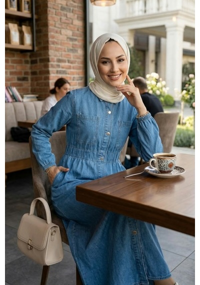 Hb Harma Time Butik Kadın Düğmeli Belden Lastikli Cep Detaylı Kot Mavi Elbise Mavi Mavi