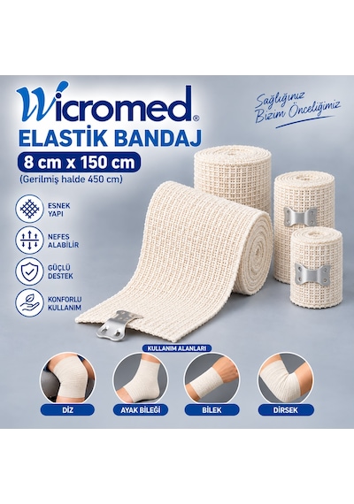 Wicromed Elastik Bandaj 8x150 Cm Metal Klipsli Esnek Destek Bandajı 20 Adet