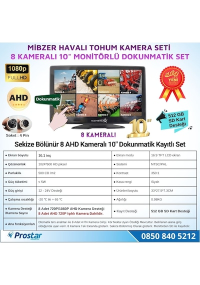 8 Kameralı 10 İnç Dokunmatik Mibzer Tohum Seti Ahd Işıklı Kameralı Tak Kullan Set