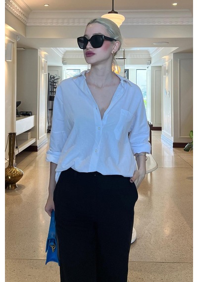 Madmext Beyaz Oversize Basic Cepli Poplin Gömlek Mg1530 Beyaz