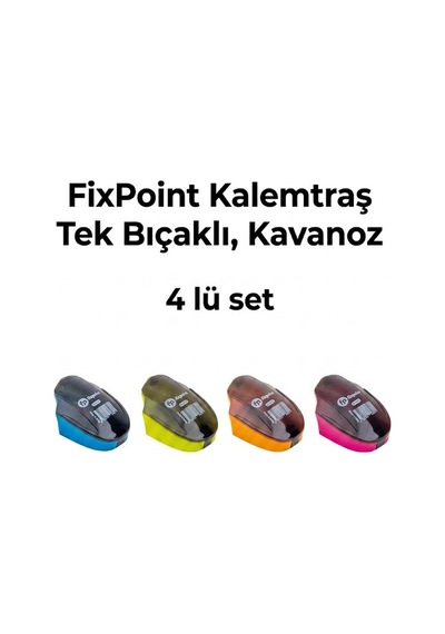 Kalemtraş 4 Adet Hazneli Tek Bıçaklı Fixpoint P-6041 Standart Kalem Açacağı Plastik Kalemtıraş Kalem Traş
