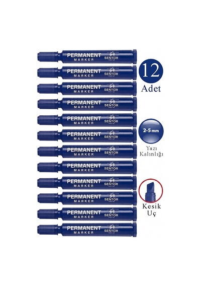 Mavi Permanent Markör Kalem Kesik Uç 12 Adet Sentör Kalıcı Marker Kalem Tüm Koli Karton Çuval Cam Plastik Yüzeylerde