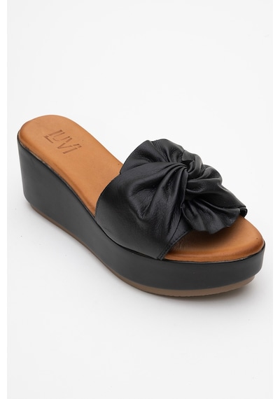 Luvishoes Luvi Shoes Jeff Siyah Cilt Hakiki Deri Fiyonklu Kadın Dolgu Topuklu Terlik Siyah