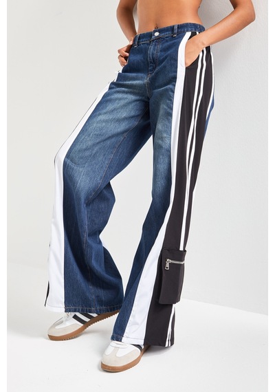 it's basic Kadın Kot Rengi Parçalı Kumaş Bol Kesim Özel Tasarım Denim Jean Mavi