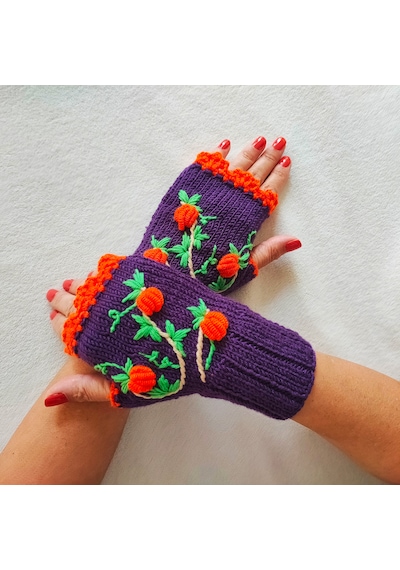 Newdaycraft El Örgüsü Motifli Parmaksız Eldiven / Bileklik - Halloween Mor Koyu Mor