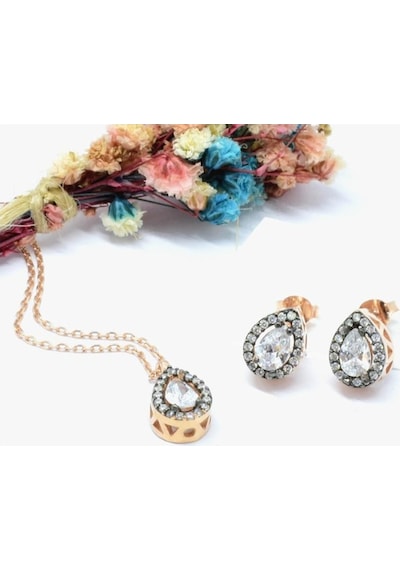Brezza Lusso Jewelry Gümüş Elmas Montür Set Baget Kadın Gümüş Kolye Küpe Set 42 CM