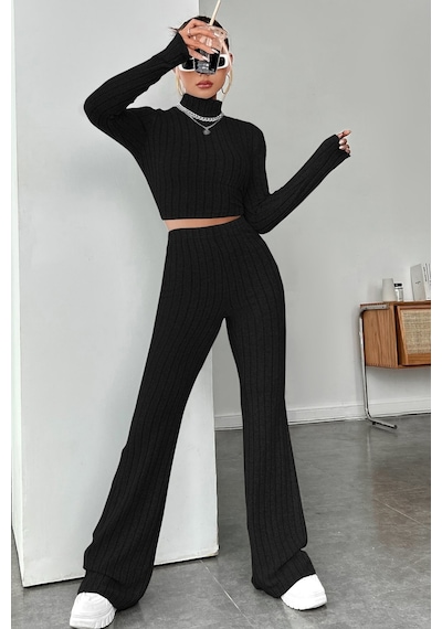 Angbutik Kadın Siyah Boğazlı Crop Top Ve Yüksek Bel Eşofman Takımı Spor Şık Kombin