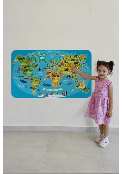 Eğitici Dünya Haritası Dünya Atlası Çocuk Ve Bebek Odası Duvar Sticker-85x130-3808 Çok Renkli