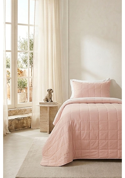 Ocean Home Textile %100 Pamuk Kumaş Kapitoneli Pembe Çok Amaçlı Tek Kişilik Yatak Örtüsü Seti 1 Adet 180 X 230 / 1 Adet 50 X 70 Cm