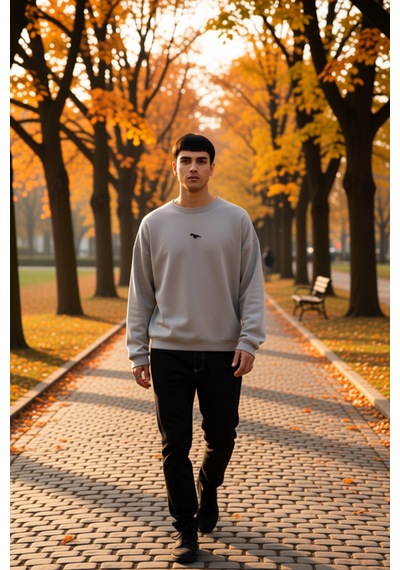 Benerly Erkek Bisiklet Yaka Düşük Kol Nakışlı Oversize Sweatshirt Pamuk Gri