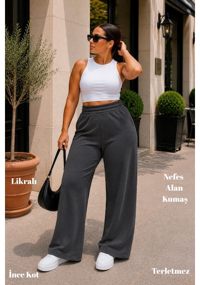 Cedy Denim Kadın Büyük Beden Yüksek Bel Palazzo Pantolon Yazlık İnce Kumaş Terletmez Likralı C633 Koyu Gri
