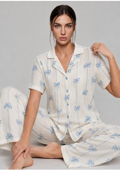 Womanandkids Night Mavi Kadın Kısa Kollu Fiyonk Desenli Pijama Takımı 4771