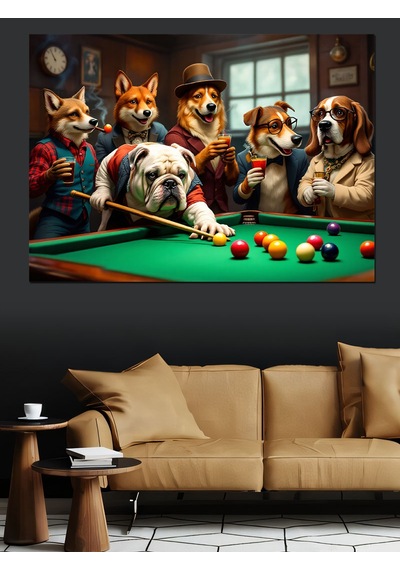 Bilardo Masasında Köpekler Dekoratif Kanvas - Mdf Ahşap Tablo