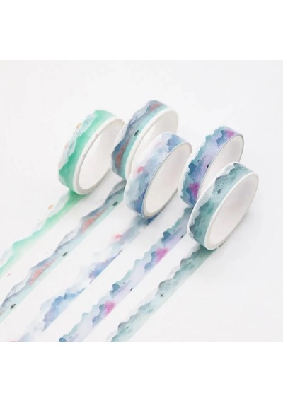 Vintage Washi Tape Bant Baskılı Yapışkanlı Maskeleme Kağıdı Sevimli Desenli Bant 5 Li - Suluboya Manzara 1