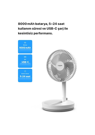 Taşınabilir Şarjlı Vantilatör 24 Saat Kullanım 3 Kademeli 180° Sessiz Ayaklı Katlanabilir Fan X6103