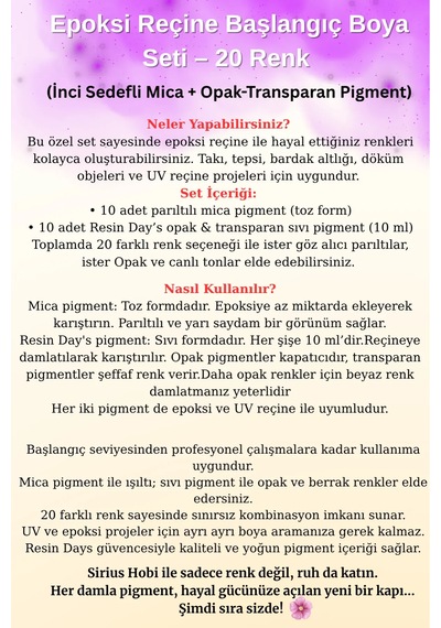 Epoksi Reçine Başlangıç Boya Seti 20 Renk İnci Sedefli Mica + Opak-transparan Pigment