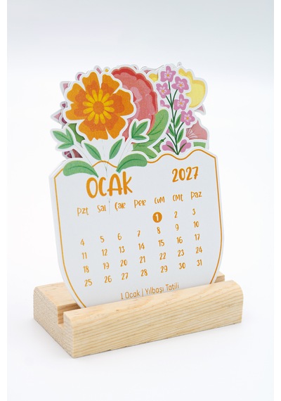 Ahşap Standlı Özel Kesim Botanik Çiçekli 2027 Masaüstü Takvimi 8,5x11 Cm - Zarif Yılbaşı Hediyesi Çok Renkli