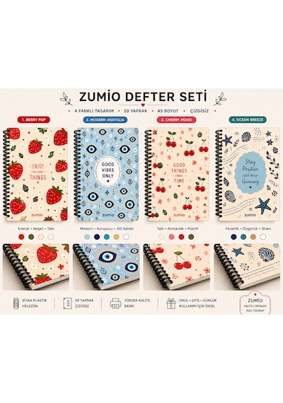 Zumio A5 Spiralli Çizgisiz Defter 4'lü Set 50 Yaprak 100 Sayfa Renkli Tasarımlı Okul Not Defteri Düz