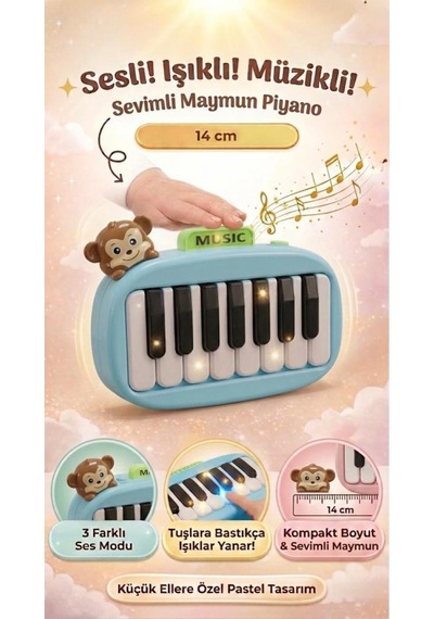 14 Cm Sesli Işıklı Ve Müzikli Sevimli Maymun Figürlü İnteraktif Oyuncak El Piyanosu Açık Mavi