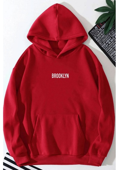 Medinenur Brooklyn Baskılı Unisex Kapüşonlu Sweatshirt Kırmızı