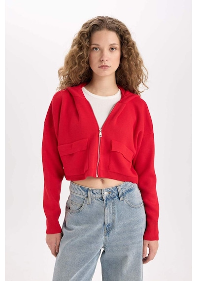 DeFacto Regular Fit Kapüşonlu Basic Düz Fermuarlı Triko Hırka E2270AXNSRD335 Kırmızı