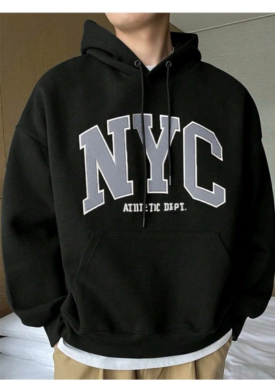 Startmore Siyah Unisex Kadın/erkek Siyah Nyc Özel Baskılı Pamuklu Oversize Kapüşonlu