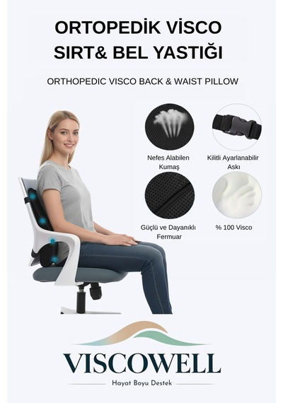 Visco Ortopedik Bel Destek Yastığı, Ofis, Araba, Sandalye, Koltuk, Sırt Yastığı Minderi Pembe